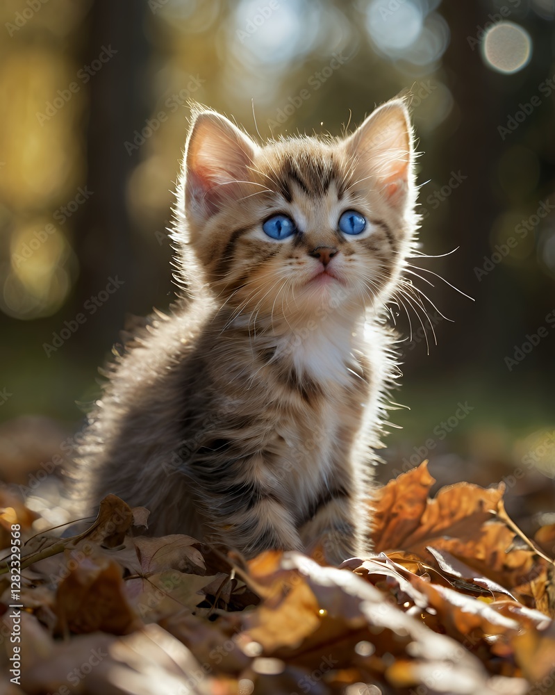 Fototapeta premium A tiny, fluffy kitten reaches out playfully for a falling leaf, its blue eyes sparkling as sunlight filters through the trees.