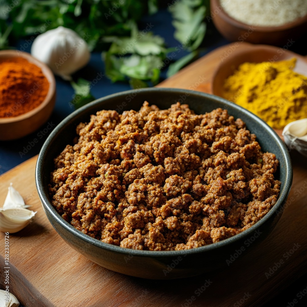 Spiced ground meat in bowl with fresh herbs and spices on wooden board Spiced ground meat in bowl with fresh herbs and spices on wooden board