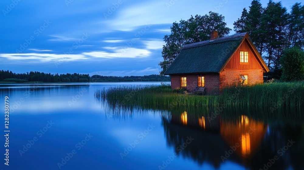 Obraz premium Lakeside cottage at twilight, lights on, reflecting in calm water.