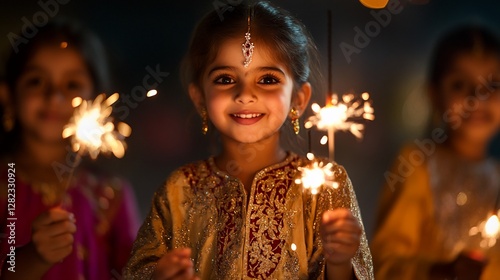 Happy girl holding sparklers, Diwali festival, night, bokeh