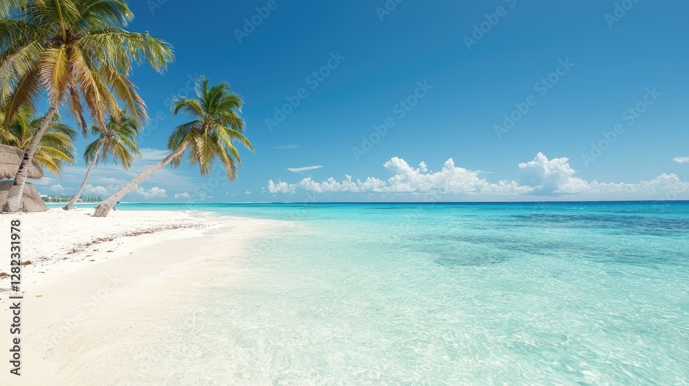 Naklejka premium Tropical beach paradise, calm azure water, white sand, palm trees, idyllic scene, perfect vacation destination