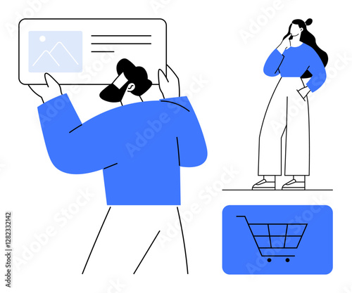People interacting with content and contemplating, shopping cart indicating e-commerce. Ideal for digital interaction, content consumption, decision making, online shopping, user experience