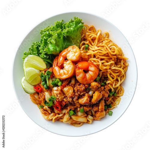 Indonesian food, mie aceh on one plate, white background