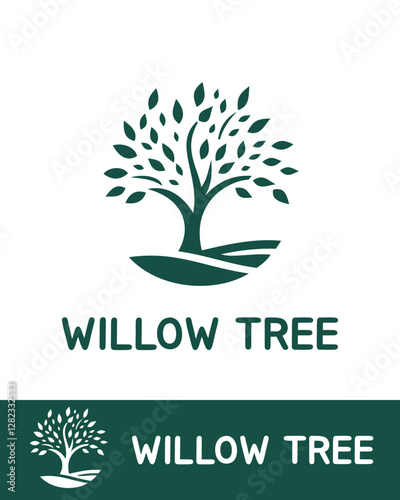 A minimalistic and elegant vector illustration of a stylized willow tree logo with leaves and branches