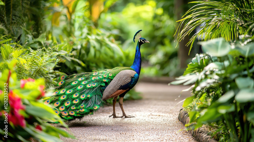 Majestic peacock strutting through tropical garden, showcasing vibrant colors and beauty