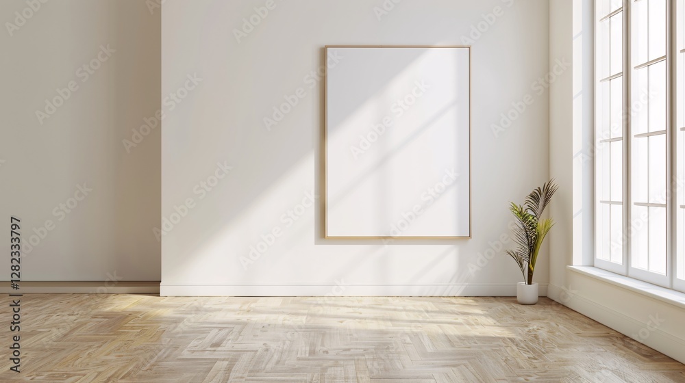 A white room with a large white framed picture on the wall A white room with a large white framed picture on the wall