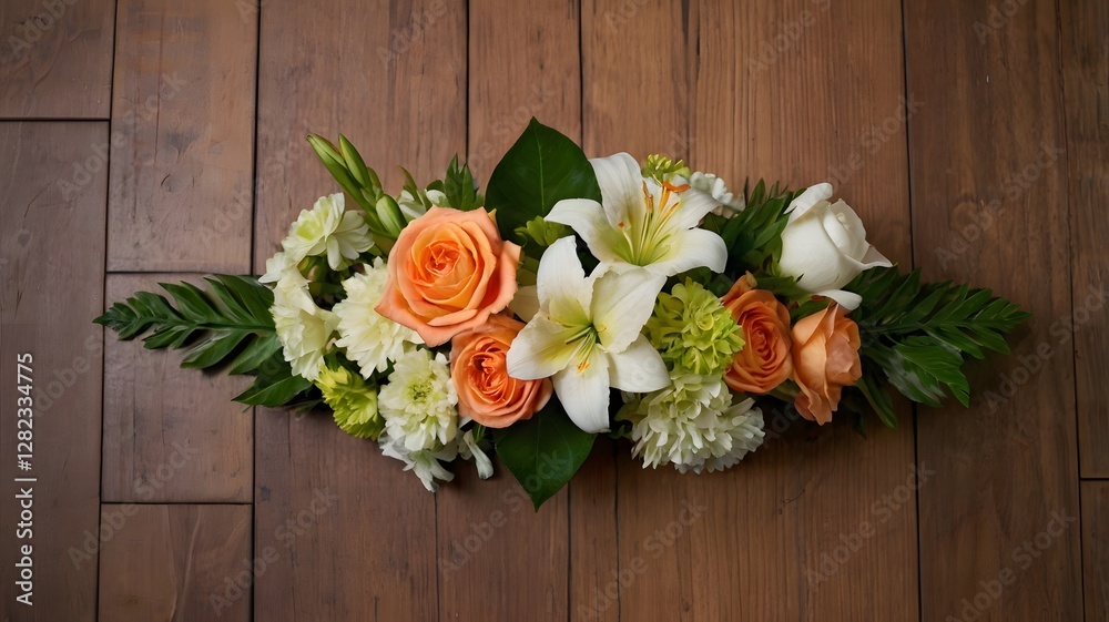 Floral Arrangement with Roses and Lilies on Wooden Surface Floral Arrangement with Roses and Lilies on Wooden Surface