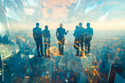 Wallpaper Mural Visionaries on High: Silhouetted figures of a business team stand atop a skyscraper, overlooking the sprawling cityscape below, illuminated by the twilight. Torontodigital.ca