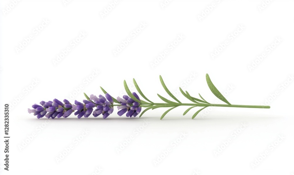 Naklejka premium A delicate lavender flower branch lying horizontally on a clean white background, symbolizing tranquility