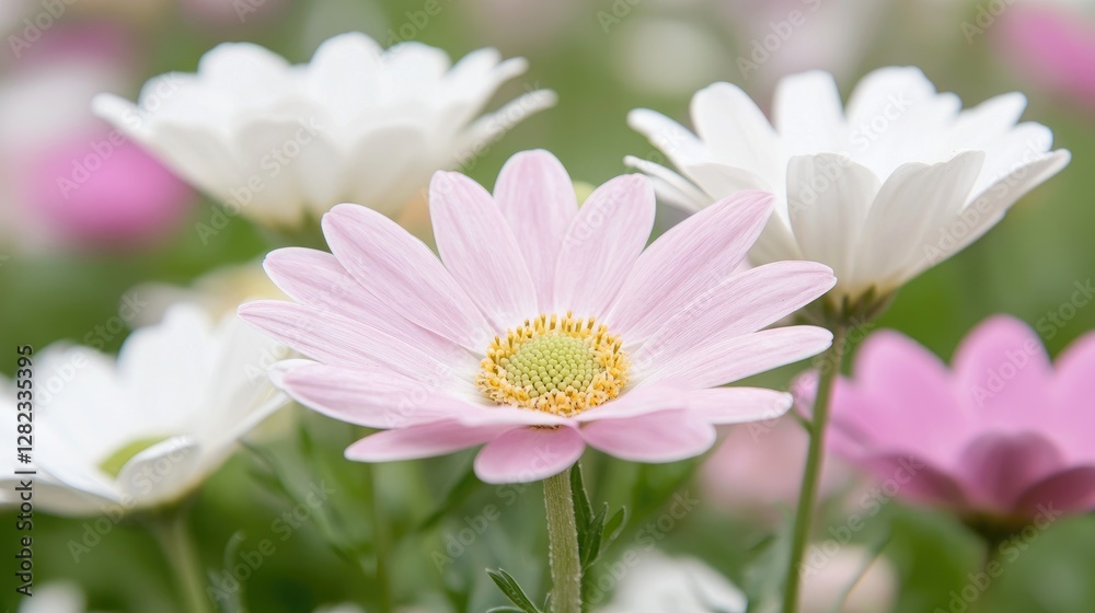 Pink and white daisies in a garden, close-up Pink and white daisies in a garden, close-up