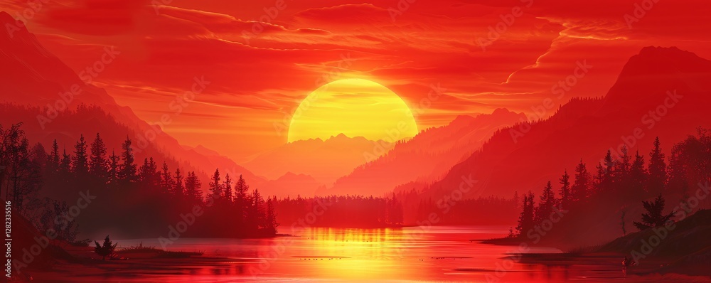 A large red sun is in the sky above a lake A large red sun is in the sky above a lake
