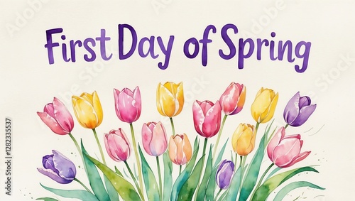 First Day of Spring,  Watercolor Card with Tulips