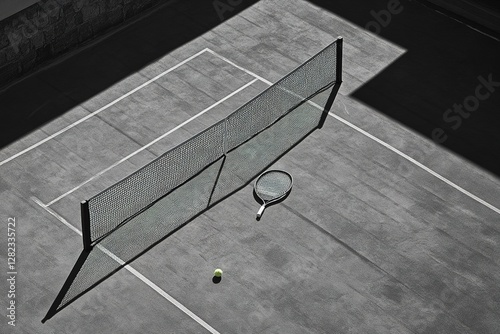 A tennis racket and ball placed neatly on a clean court with plenty of space around