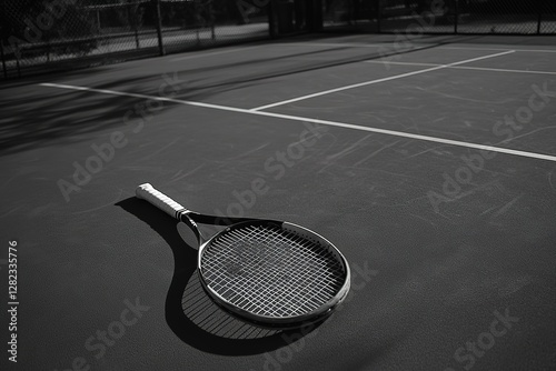 A tennis racket and ball placed neatly on a clean court with plenty of space around. 