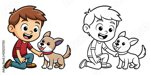 Coloring Book For Kids. Cartoon Boy Playing With Dog Isolated On White Background. Coloring Workbook For Preschool