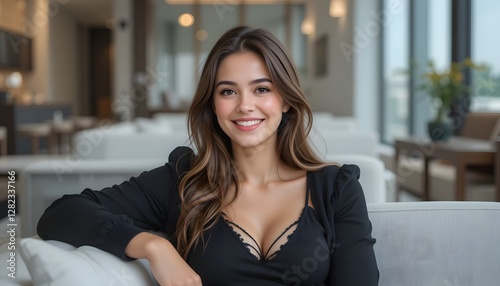 Smiling Woman Relaxing in Modern Setting Wearing Casual Black Attire Free Download Smiling Woman Relaxing in Modern Setting Wearing Casual Black Attire - GFXLoad