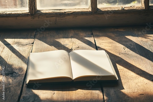 An empty notebook on a wooden table with sunlight streaming through a window, symbolizing fresh beginnings