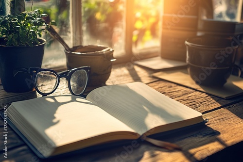 An empty notebook on a wooden table with sunlight streaming through a window, symbolizing fresh beginnings.