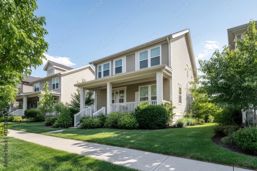 Residential street with similar houses and front yard lawns in a suburban development Residential street with similar houses and front yard lawns in a suburban development