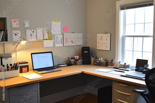 An organized workspace with a laptop and empty desk space for custom additions