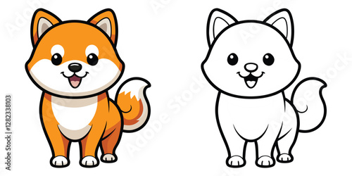 Cute Fluffy Shiba Inu Dog Coloring Page For Kids. Outline Shiba Inu Dog. Animal Coloring Worksheet For Preschool. Shiba Inu Cartoon Isolated Vector Illustration