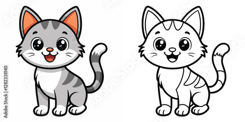 Cute Gray Cat Coloring Page For Kids. Kawaii Gray Cat Cartoon. Animal Coloring Practice. Cute Outline Cat Vector Illustration