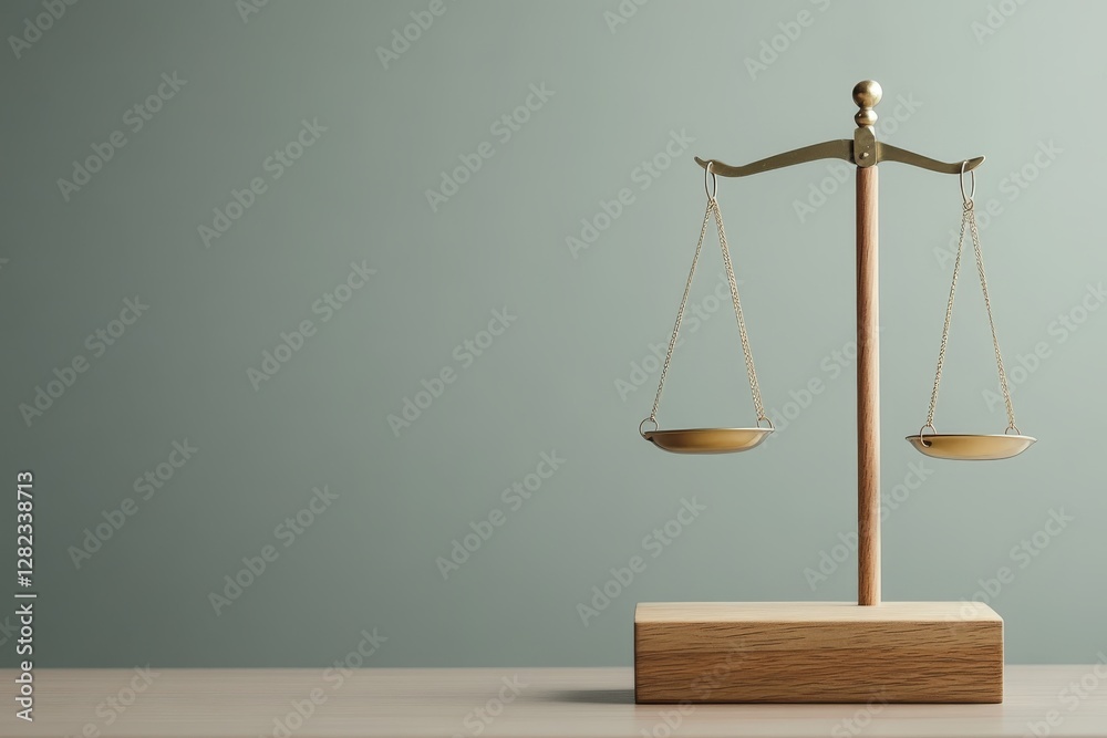Balancing brass scales symbolizing justice and equality on wooden table Balancing brass scales symbolizing justice and equality on wooden table