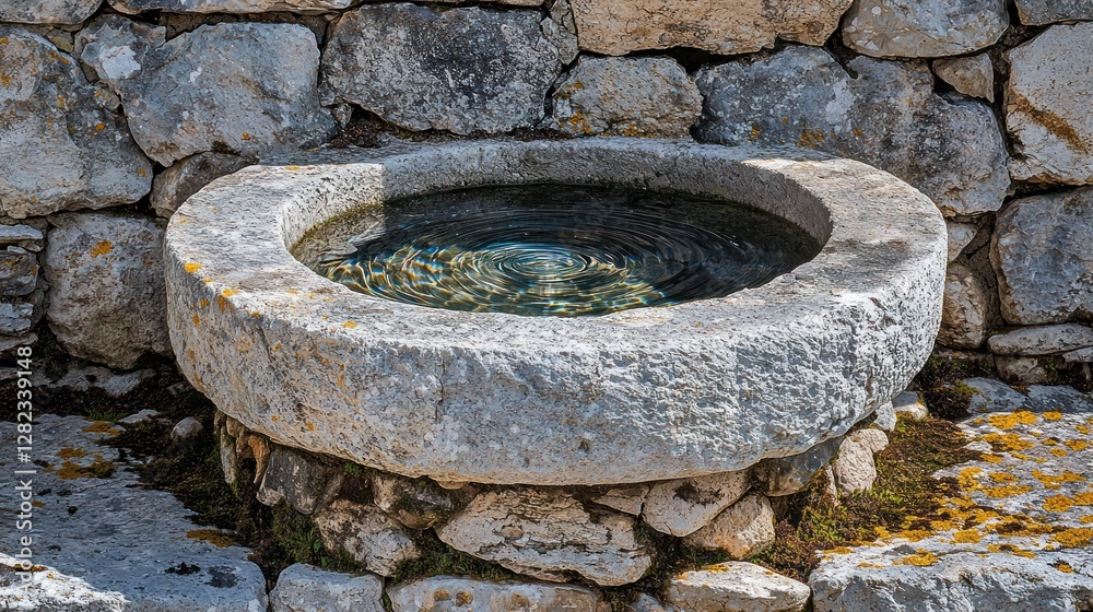 Ancient Stone Fountain with clear water, in garden. Tranquil scene for relaxation Ancient Stone Fountain with clear water, in garden. Tranquil scene for relaxation