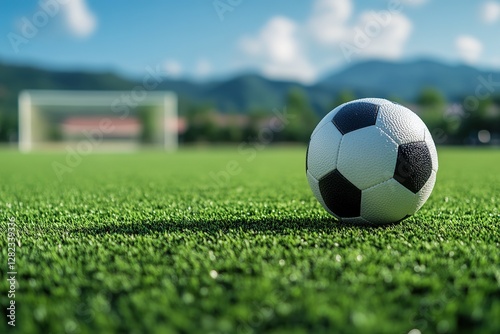 Close-up of a soccer ball resting on a green field with open space surrounding 