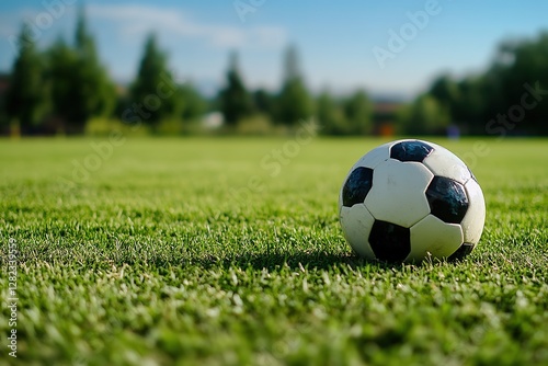 Close-up of a soccer ball resting on a green field with open space surrounding it 