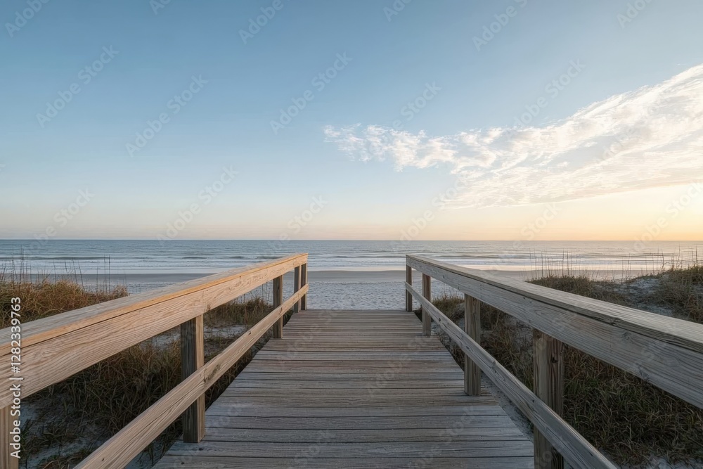 Wooden boardwalk leading to tropical beach at sunrise Wooden boardwalk leading to tropical beach at sunrise