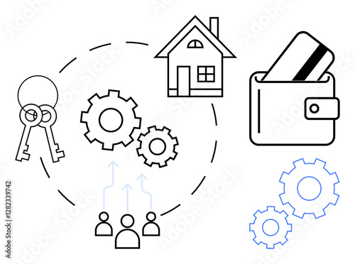 Keys, wallet with cards, house, gears, and users connected by dotted circle. Ideal for real estate, financial services, home buying, mortgage planning budgeting teamwork and process management
