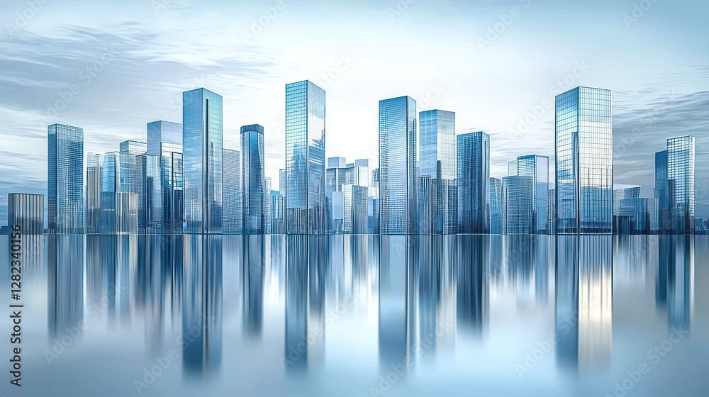 Modern city skyline reflected in calm water. Modern city skyline reflected in calm water.