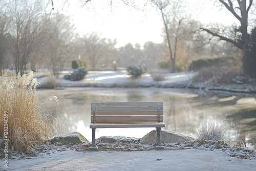 Empty park bench in a frosty landscape, symbolizing reflection and space for personal messages.