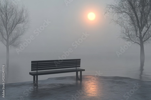 Empty park bench in a frosty landscape, symbolizing reflection and space for personal messages