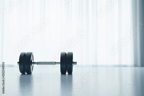 Minimalist photo of gym weights on a white floor, leaving space 