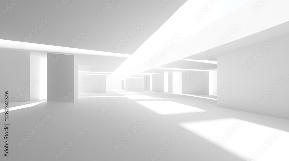 Obraz premium Light streaming through white minimalist corridor; architectural design