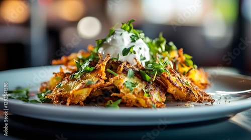 A Stunning Presentation of Crispy Potato Latkes with Sour Cream and Fresh Herb Garnish