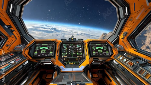 Exploring the vastness of space from a futuristic spacecraft cockpit overlooking a distant planet