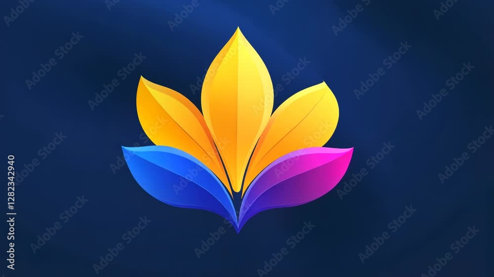 Abstract colorful flower logo design on dark blue background.