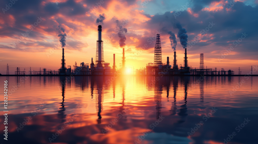 Fototapeta premium Stunning Industrial Sunset Over Oil Refineries and Calm Water Surface