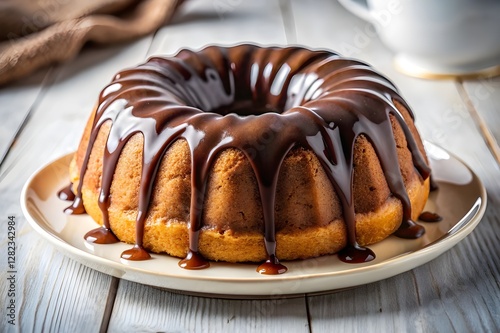 Bundt Cake with Chocolate Glaze and Dripping Ganache – Close-Up Gourmet Dessert photo