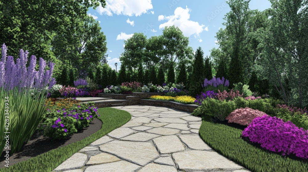 Obraz premium Newly Designed Outdoor Landscape with Stone Pathway