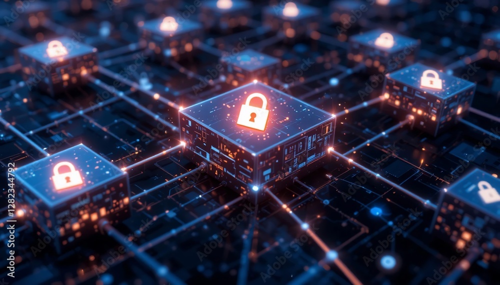 Obraz premium Secure Network Data Protection Cyber Security System Digital Blocks Padlock Icon