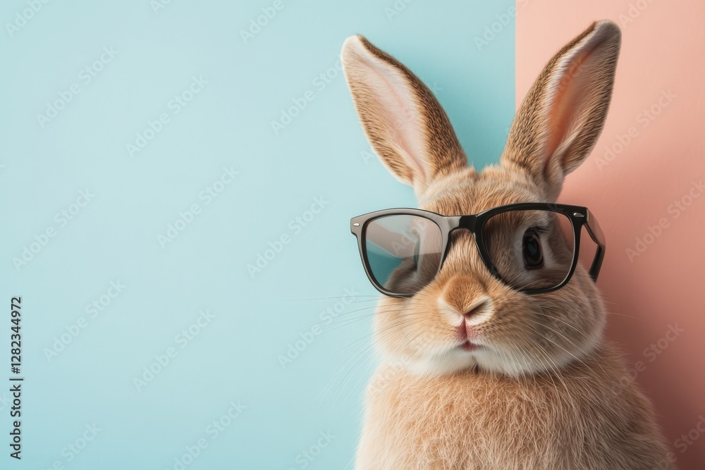 Fototapeta premium Adorable rabbit wearing sunglasses posing on colorful background