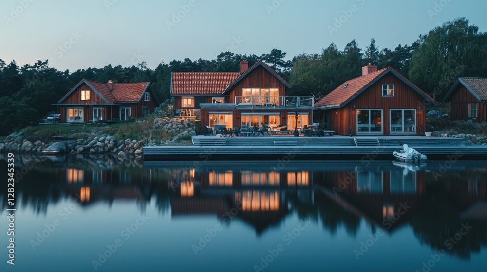 Waterfront luxury homes illuminated at dusk, reflecting in calm water. Waterfront luxury homes illuminated at dusk, reflecting in calm water.