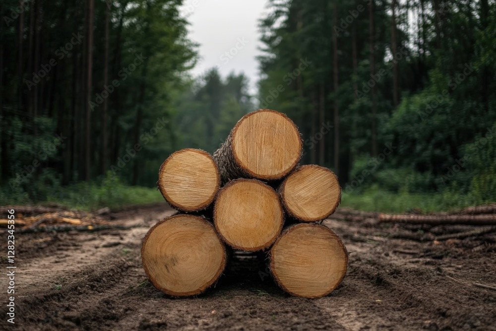 Stack of logs creating a triangle shape in forest path