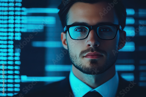 A man wearing glasses and a suit is standing in front of a computer screen