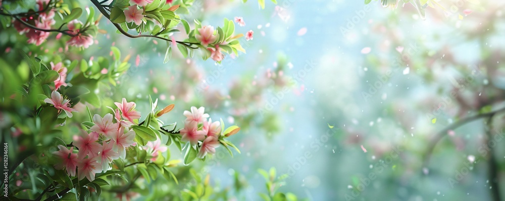 A tree with pink flowers and green leaves A tree with pink flowers and green leaves