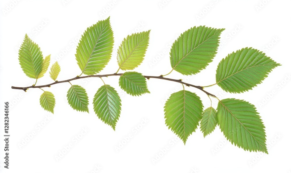 A vibrant green branch with lush leaves against a white background, symbolizing nature's beauty A vibrant green branch with lush leaves against a white background, symbolizing nature's beauty